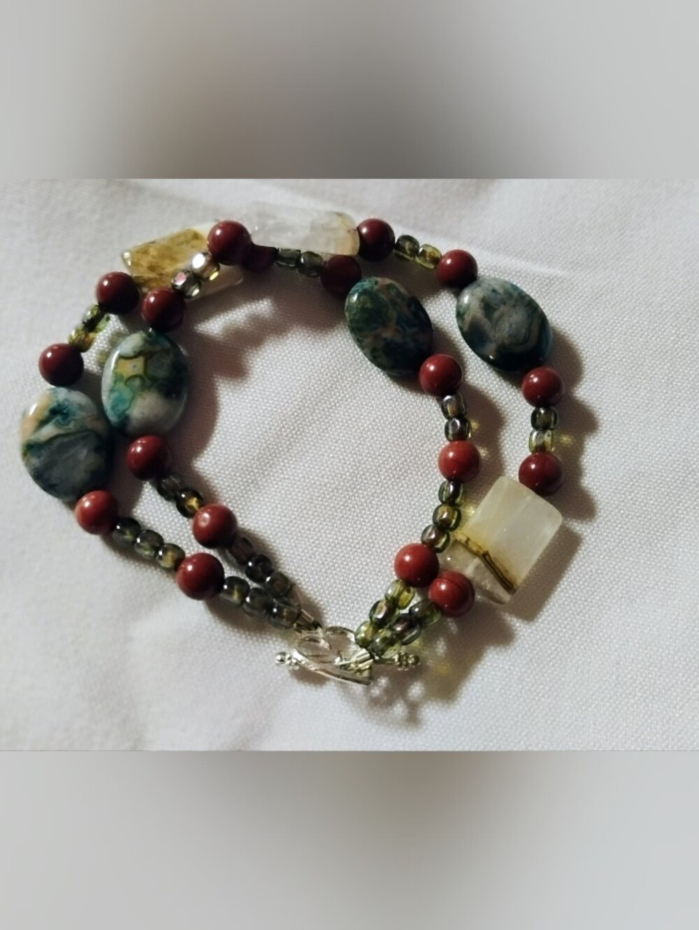 Boho Gemstone Double Strand Toggle Bracelet Red Jasper, Moss Agate& Quartz